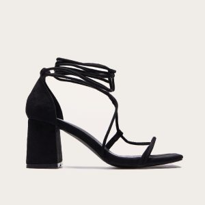 Black Faux Suede Square Toe Lace Up Block Heel Sandals
