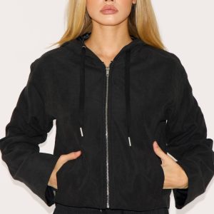 Black Peach Skin Woven Zip Up Jacket