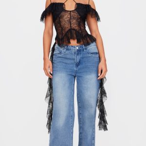 Black Lace Ruffle Halterneck Long Top
