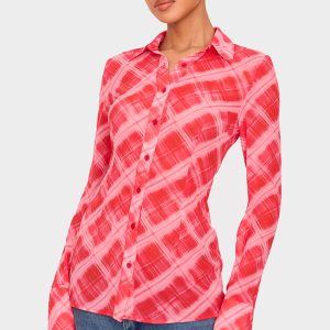 Red Check Print Chiffon Fitted Shirt
