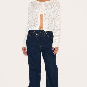 Petite Indigo Denim Asymmetric Waistband Straight Leg Jeans