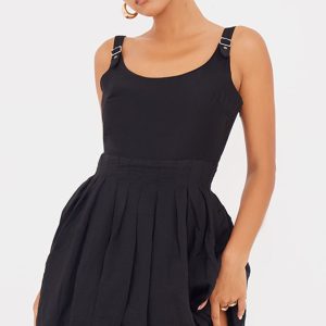 Black Textured Buckle Strap Puffball Dress