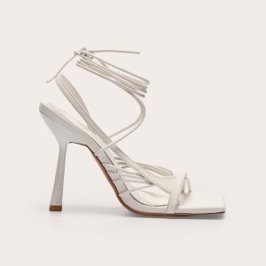 White Pu Square Toe Asymmetric Strappy Lace Up High Heel Sandals