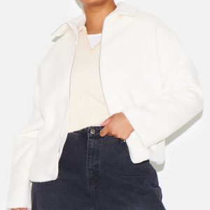 Plus Cream Wool Look Wide Collar Zip Up Jacket