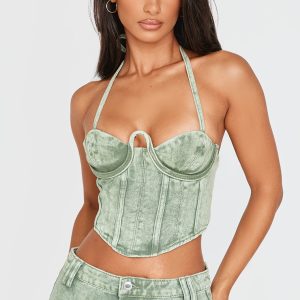 Petite Washed Green Denim Seam Detail Corset