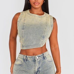 Shape Indigo Vintage Wash Denim Washed Asymmetric Crop Top