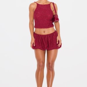 Wine Tinsel Knit Detail Puffball Skirt