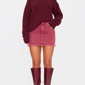 Washed Burgundy Raw Hem Denim Mini Skirt