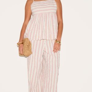 Plus Pink Woven Textured Striped Straight Leg Trousers
