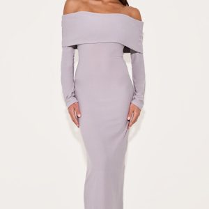 Light Grey Soft Touch Bardot Long Sleeve Maxi Dress