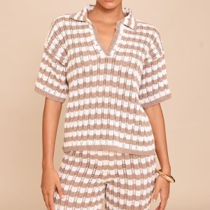 Mocha Crochet Stripe Rugby Knit Top