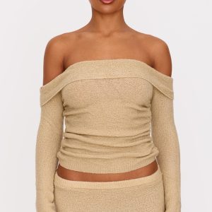 Deep Taupe Bobble Knit Ruched Side Asymmetric Fold Over Top