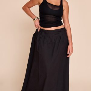 Plus Black Cotton Ruched Waist Maxi Skirt