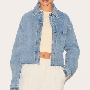 Mid Blue Wash Raw Hem Cropped Denim Shirt
