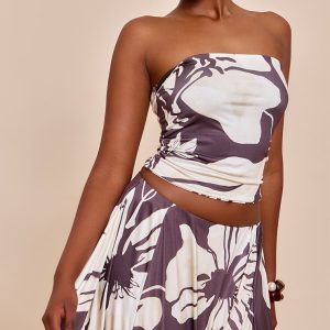 Brown Floral Print Double Layer Slinky Bandeau Top