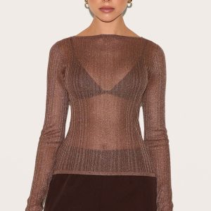 Chocolate Sheer Knit Long Sleeve Boat Neck Top