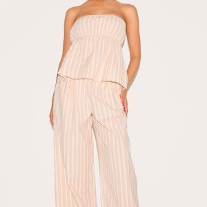 Petite Stone Pinstripe Linen Look Floaty Wide Leg Trousers