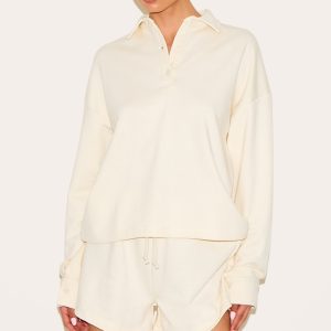 Tall Cream Loopback Oversized Polo Detail Sweatshirt