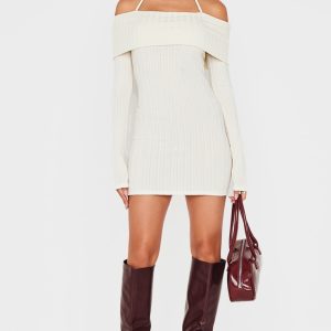 Cream Rib Bardot Fold Over Bodycon Dress