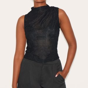 Black Lace Ruched Shoulder High Neck Top