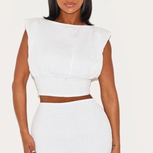 Shape White Boat Neck Shirred Cinched Waist Top