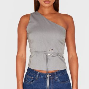 Grey One Shoulder Belt Buckle Detail Long Top