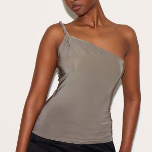 Mushroom Double Layer Slinky Twist Detail One Shoulder Long Top
