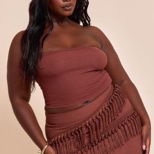 Plus Chocolate Linen Tassle Detail Mini Skirt
