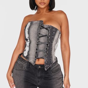 Shape Light Grey Denim Bandeau Distressed Lace Up Detail Corset
