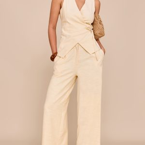 Almond Textured Pleat Mid Rise Wide Leg Trousers