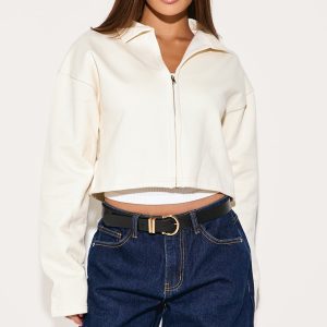 Cream Premium Boxy Sweat Zip Up Polo