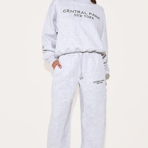 Ash Grey Central Park Embroidered Wide Leg Joggers