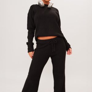 Petite Black Knit Wide Leg Trousers