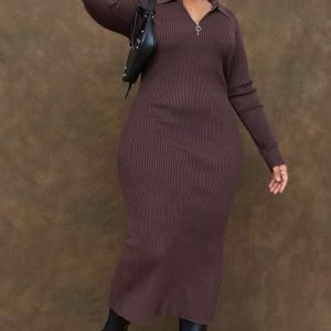 Plus Chocolate Half Zip Collared Detail Midaxi Dress