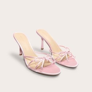 Baby Pink Satin Round Toe Bow Detail Mid Stiletto Heeled Mules