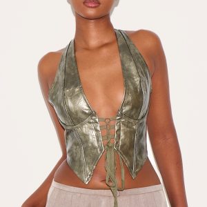 Dark Green Washed Faux Leather Lace Up Plunge Halterneck Top