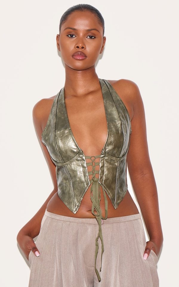 879d8678765f544849756a5c3be6a5c7ba4ef406_CNB1617_1_dark_green_washed_faux_leather_lace_up_plunge_halterneck_top