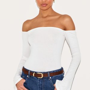 White Soft Cotton Bardot Long Sleeve Top