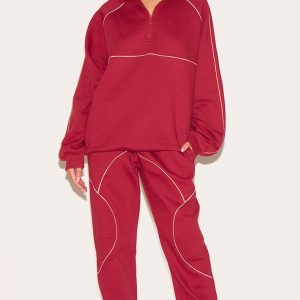 Red Oversized Contrast Piping Straight Leg Joggers