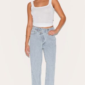 Petite Light Blue Denim Asymmetric Waistband Straight Leg Jeans