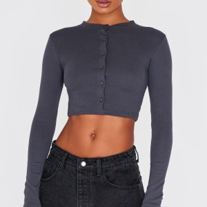 Charcoal Ribbed Button Down Detail Long Sleeve Top