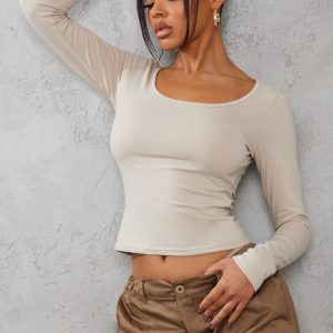 Stone Cotton Scoop Neck Long Sleeve Top