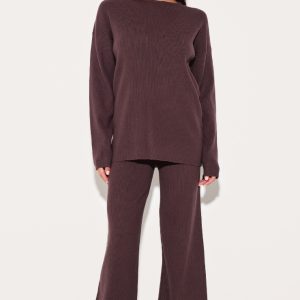 Chocolate Light Rib Knit Wide Leg Trousers