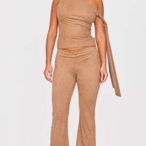 Petite Deep Taupe Faux Suede Low Rise Flare Trousers