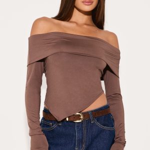 Taupe Slinky Bardot Asymmetric Long Top