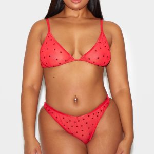 Plus Red Diamante Heart Mesh Triangle Bra