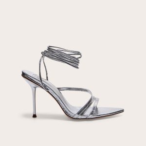 Silver Croc PU Point Toe Lace Up Heeled Sandals