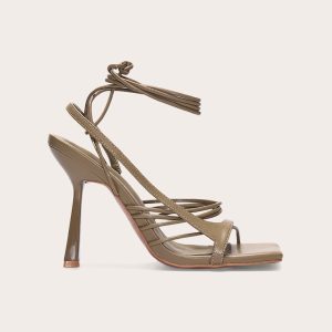 Olive Pu Square Toe Asymmetric Strappy Lace Up High Heeled Sandals