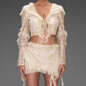 Champagne Sequin Lace Ruffle Detail Tie Front Blouse
