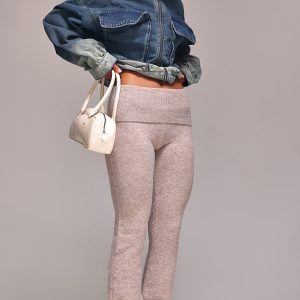 Taupe Melange Soft Knit Foldover Waist Flared Trousers
